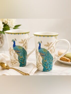 222 Fifth Peacock Garden Tall Mug Set of 2 Blue Green Porcelain Tea Coffee Pair